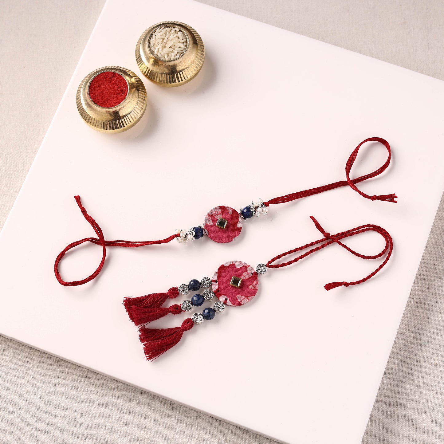 Handmade GS Beads & Kundan Work Fabart Rakhi with Lumba Set 45