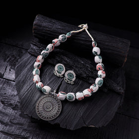 Handmade Fabart Beads Gs Pendant Necklace with Earrings Set 06