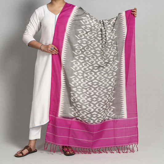 Pink- Pochampally Ikat Handloom Cotton Dupatta with Tassels