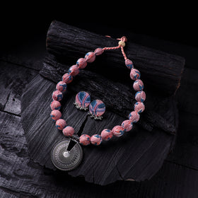 Handmade Fabart Beads Gs Pendant Necklace with Earrings Set 07