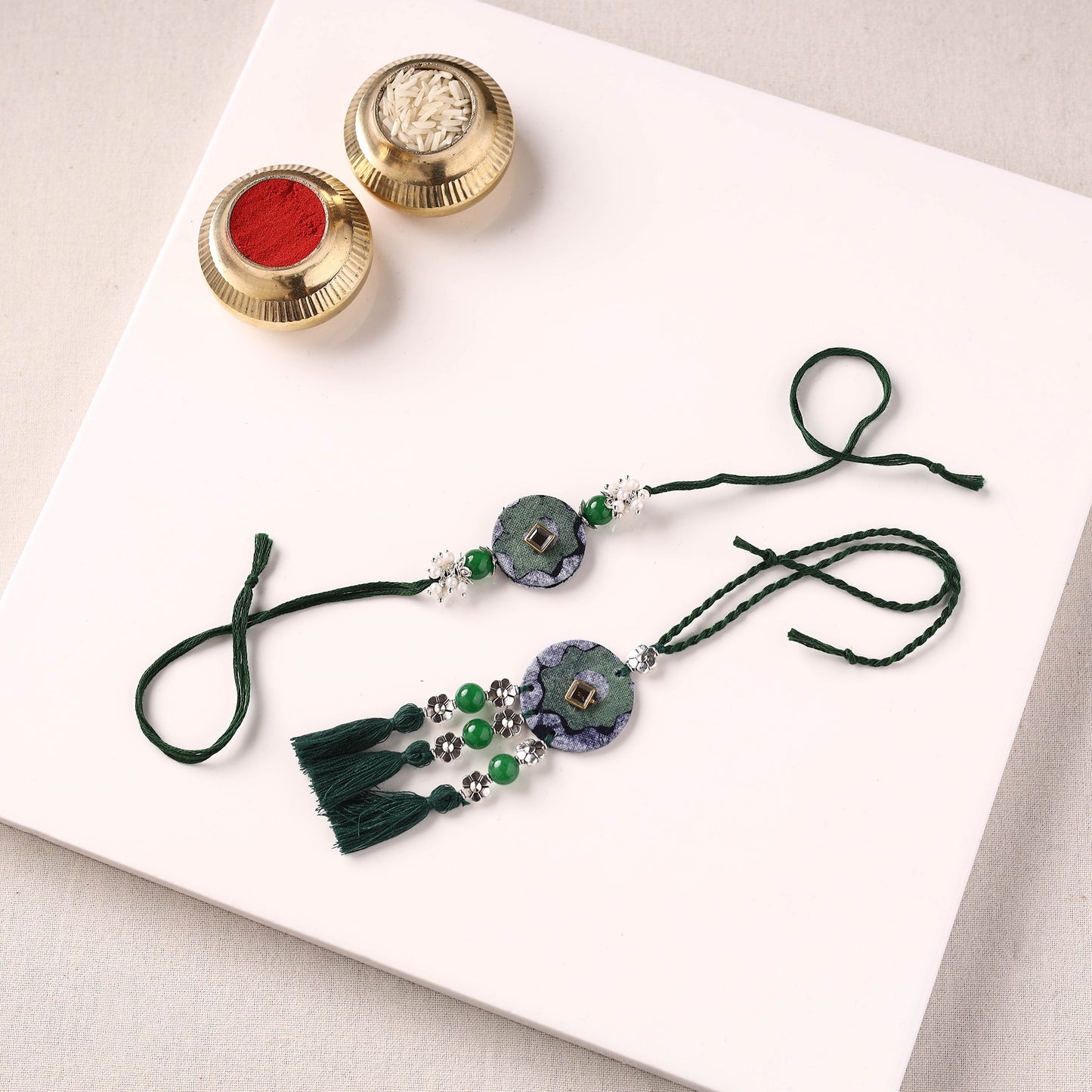 Handmade GS Beads & Kundan Work Fabart Rakhi with Lumba Set 46