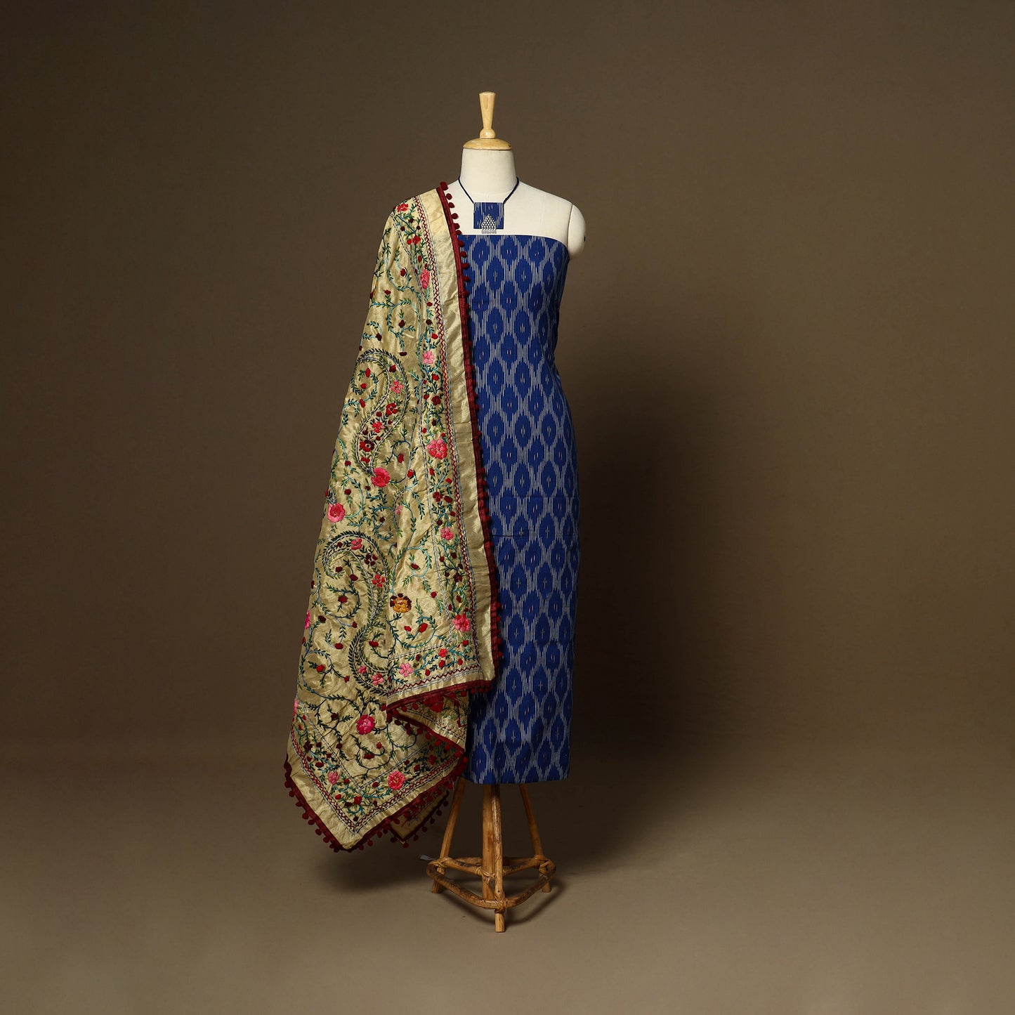 Blue - 2pc cotton unstitched pochampally ikat dress