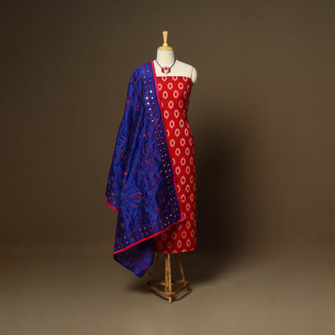 Red - 2pc mercerised cotton unstitched pochampally ikat