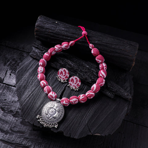 Handmade Fabart Beads Gs Pendant Necklace with Earrings Set 17