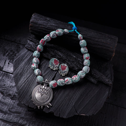 Handmade Fabart Beads Gs Pendant Necklace with Earrings Set 24