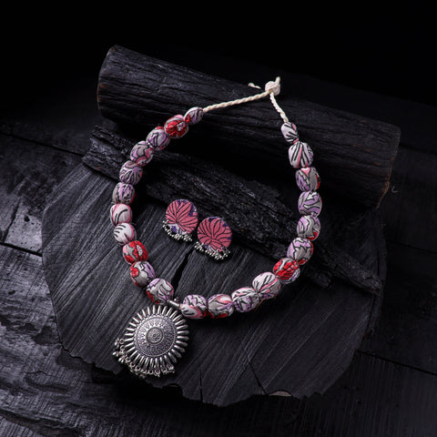 Handmade Fabart Beads Gs Pendant Necklace with Earrings Set 31