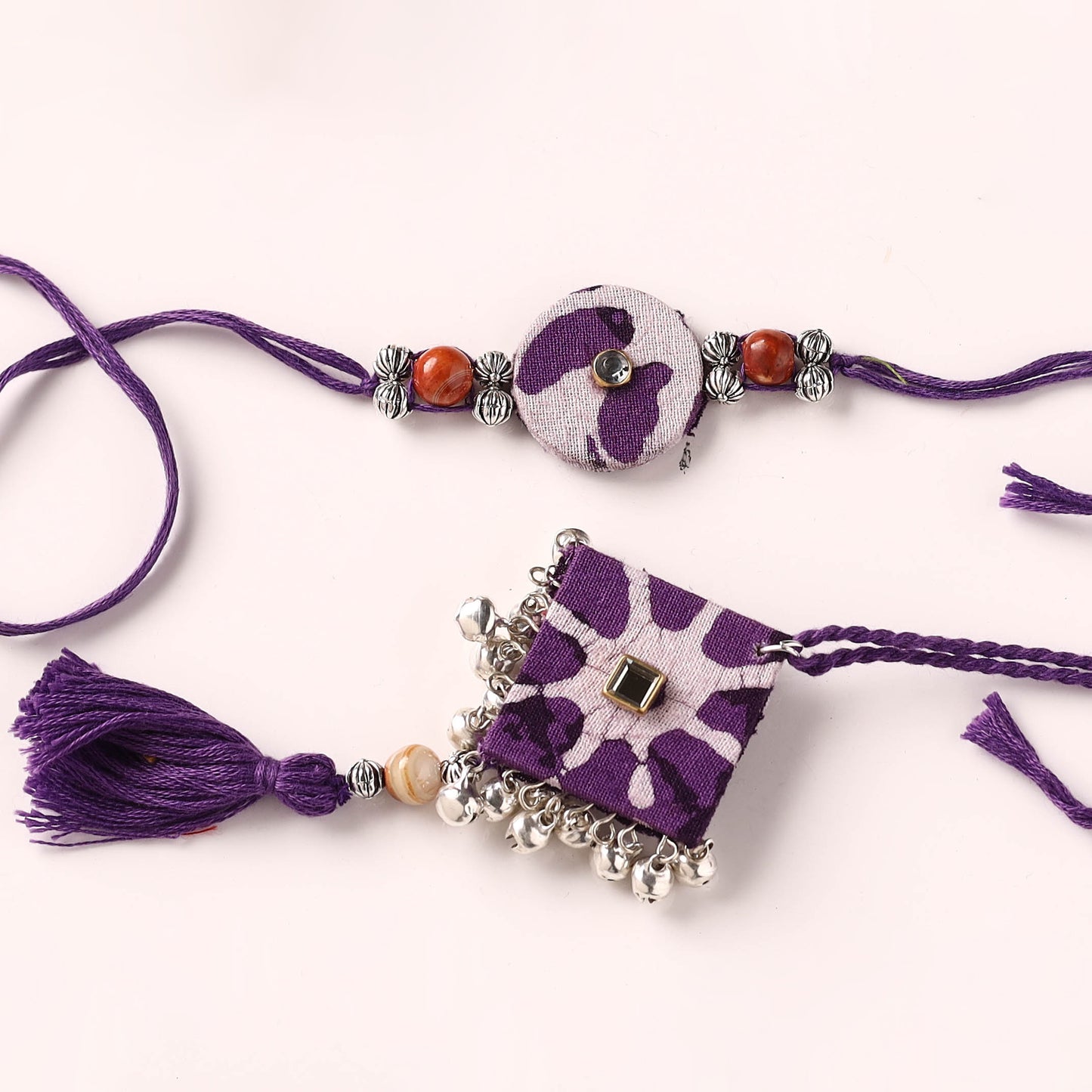 Handmade GS Beads & Kundan Work Fabart Rakhi & Lumba Set with Potli 106