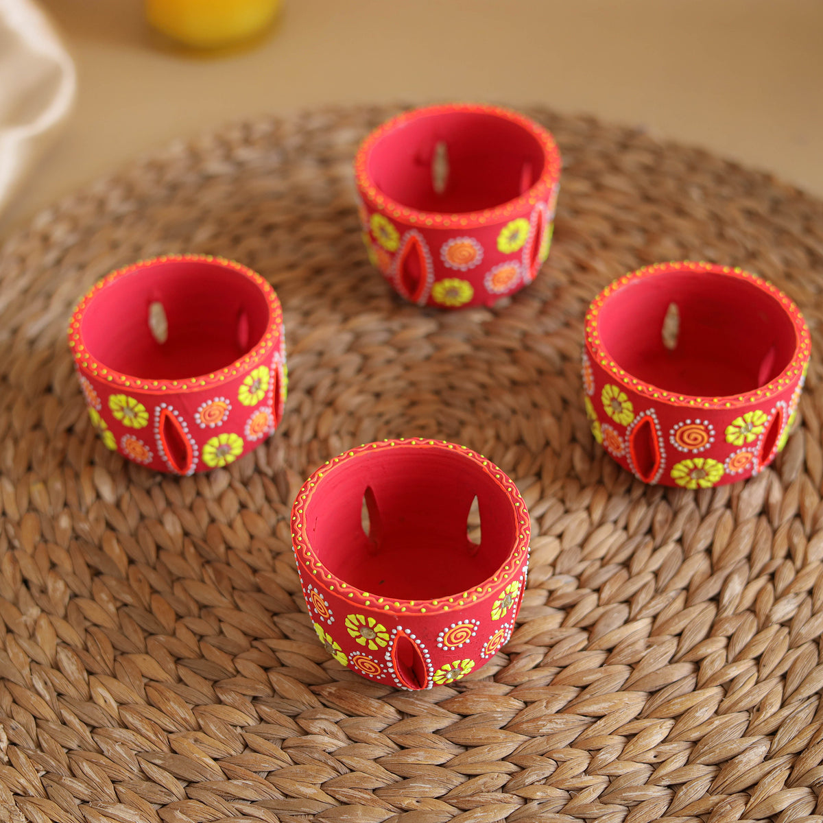 Abstract Pastel Handpainted Terracotta Jali Diyas (Set of 4) 32