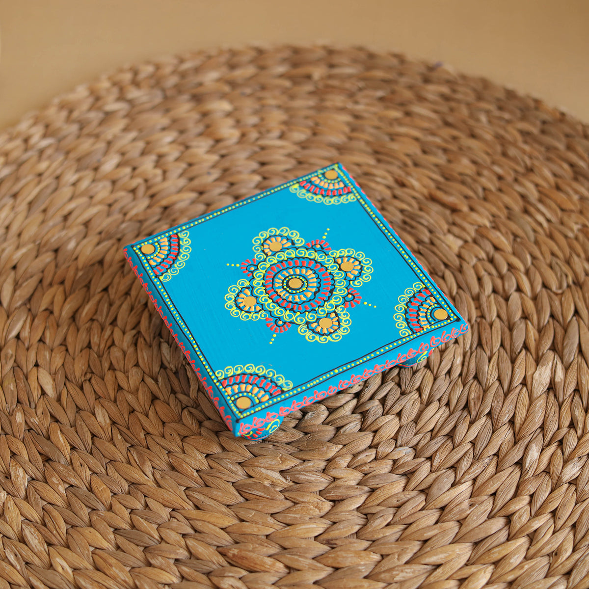 Abstract Pastel Handpainted Wooden Pooja Chowki (4x4 in) 02