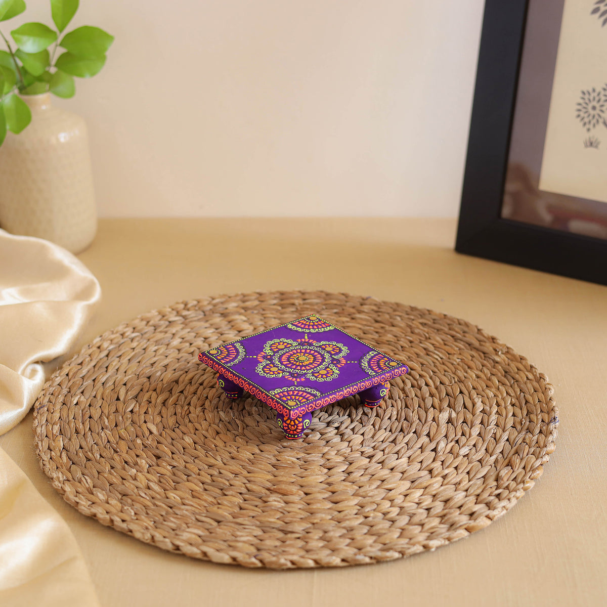 Abstract Pastel Handpainted Wooden Pooja Chowki (4x4 in) 03