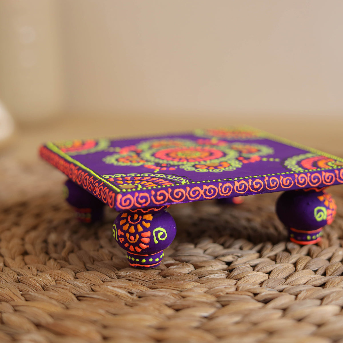 Abstract Pastel Handpainted Wooden Pooja Chowki (4x4 in) 03