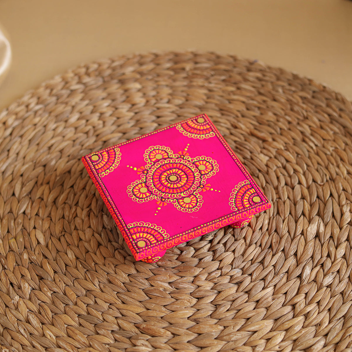 Abstract Pastel Handpainted Wooden Pooja Chowki (4x4 in) 05