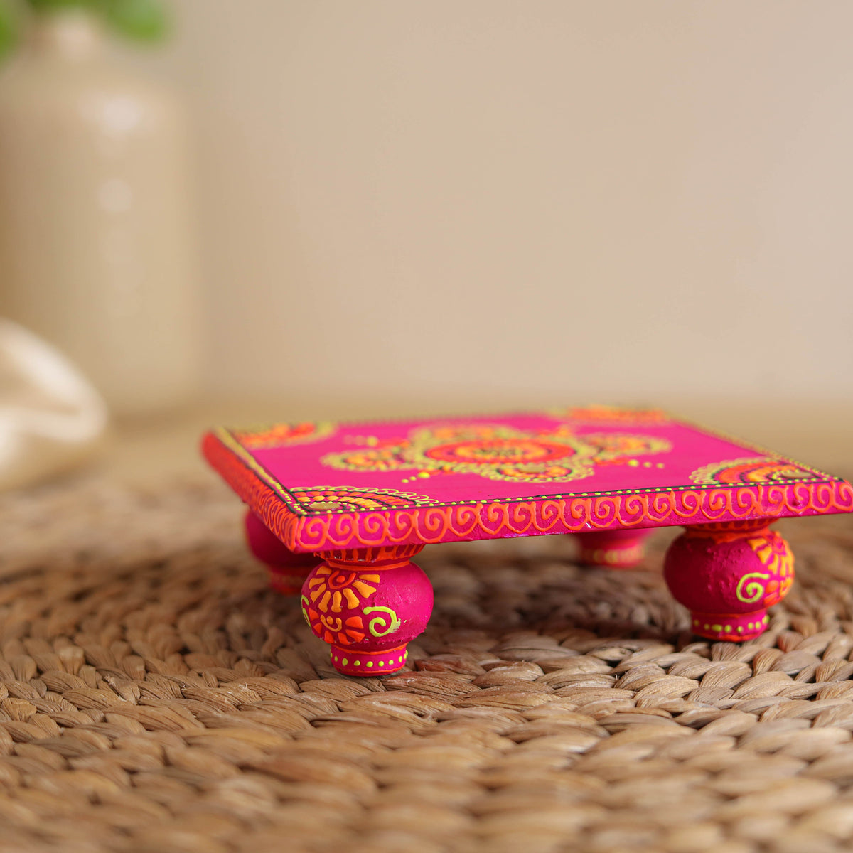 Abstract Pastel Handpainted Wooden Pooja Chowki (4x4 in) 05