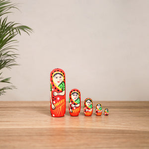 Red - Dolls Banaras Handpainted Wooden Toy for Home Decor (Set of 05) 04