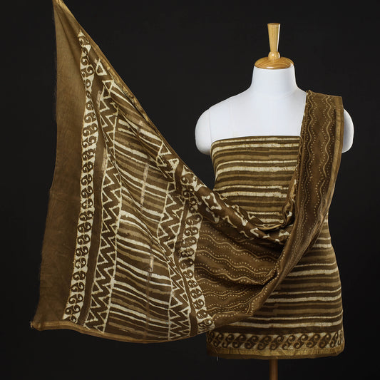 Brown - 3pc Bagru Block Print Maheshwari Silk Suit Material Set