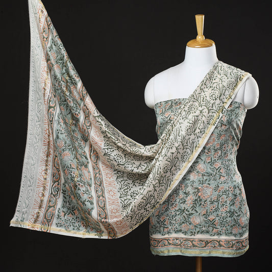 Green - Gulbahar 3pc Sanganeri Block Printed Chanderi Silk Suit Material Set
