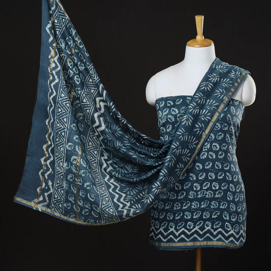 Blue - Tropical Floral 3pc Bagru Dabu Block Prints Chanderi Silk Suit Material Set