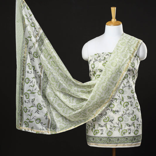 Green - Marigold Floral 3pc Sanganeri Block Printed Chanderi Silk Suit Material Set