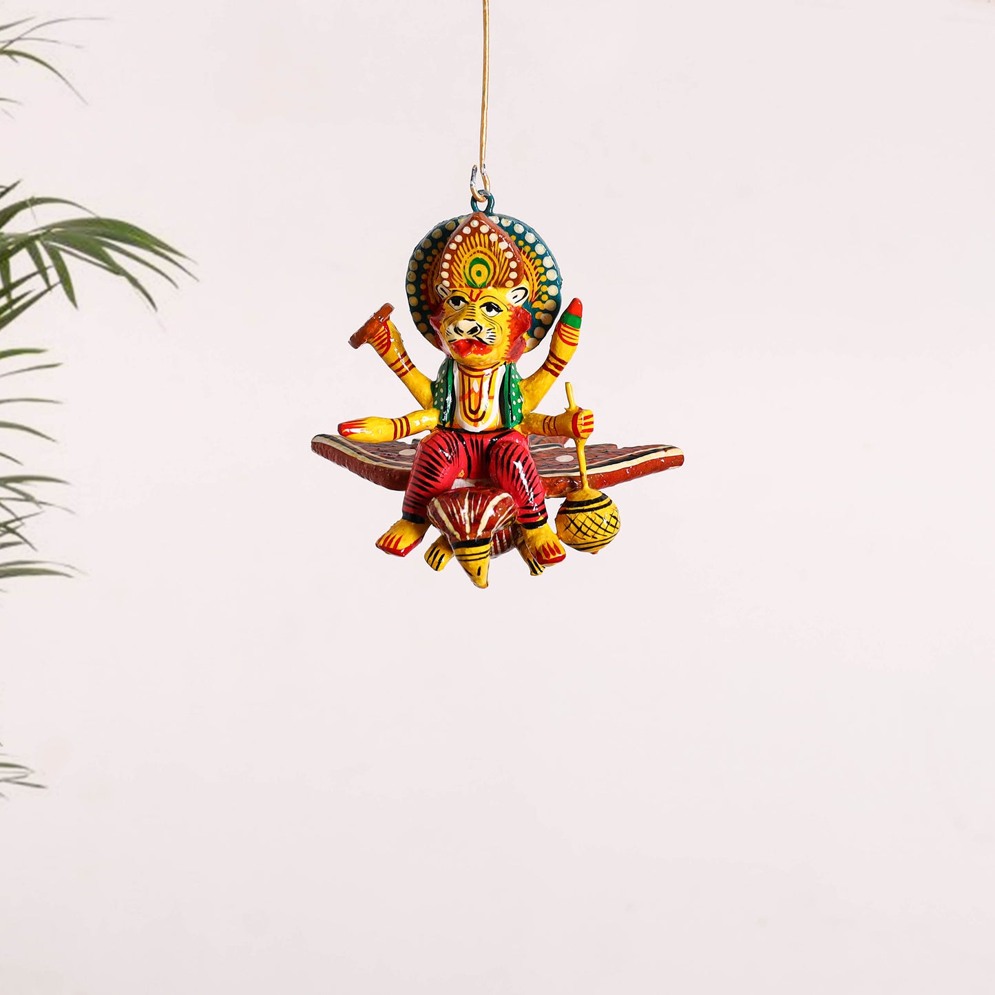 Narsimha on Owl - Banaras Handpainted Wooden Hanging for Home Decor 35