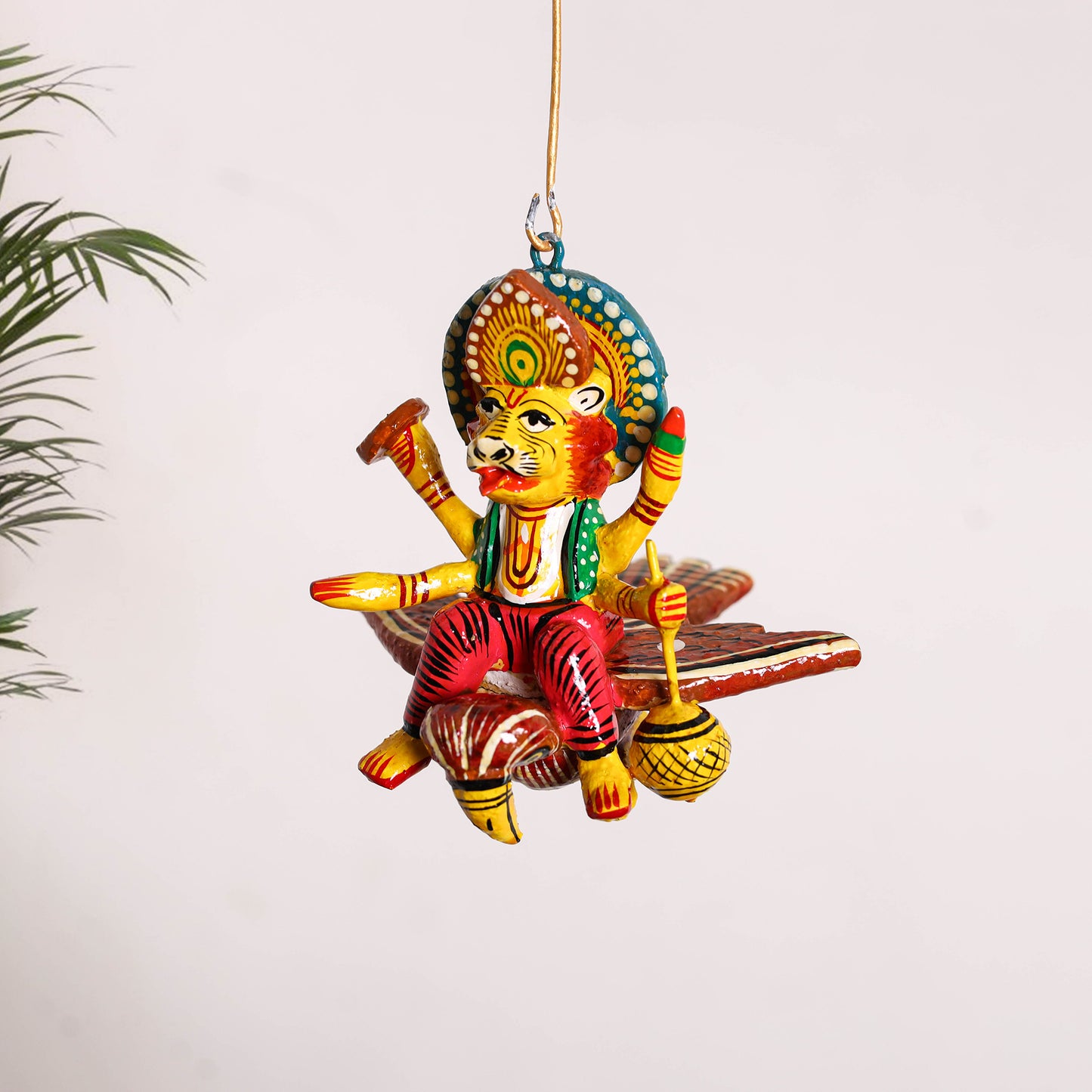 Narsimha on Owl - Banaras Handpainted Wooden Hanging for Home Decor 35