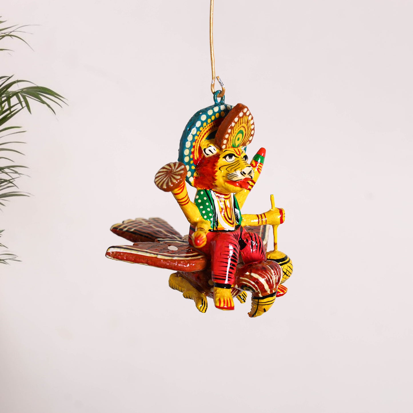 Narsimha on Owl - Banaras Handpainted Wooden Hanging for Home Decor 35