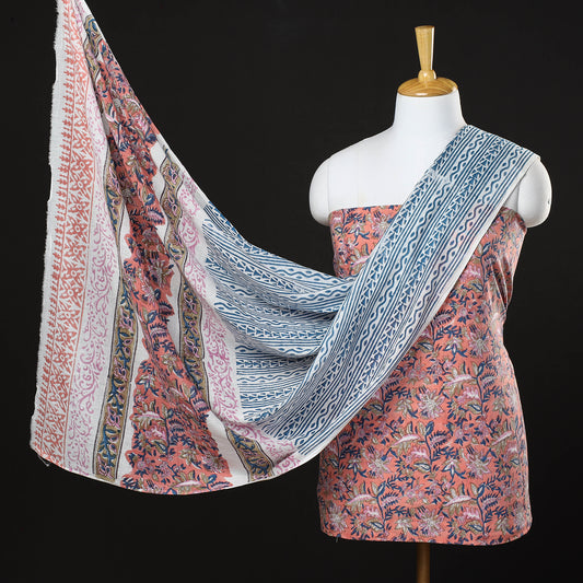 Peach - Marigold Flowers 3pc Sanganeri Block Printed Cotton Suit Material Set