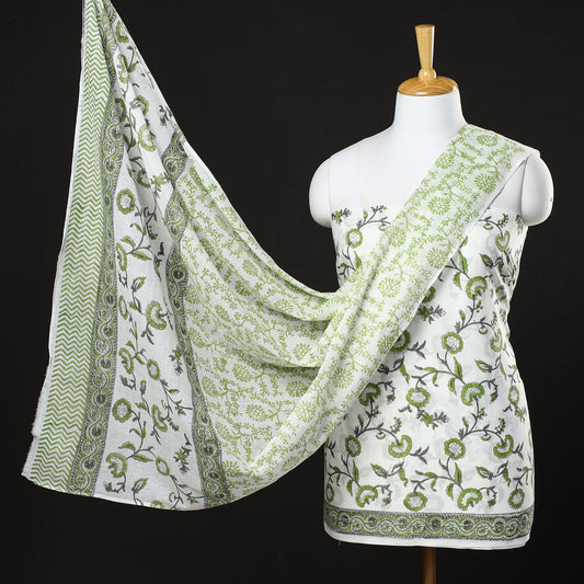 Green - Marigold Floral 3pc Sanganeri Block Printed Cotton Suit Material Set