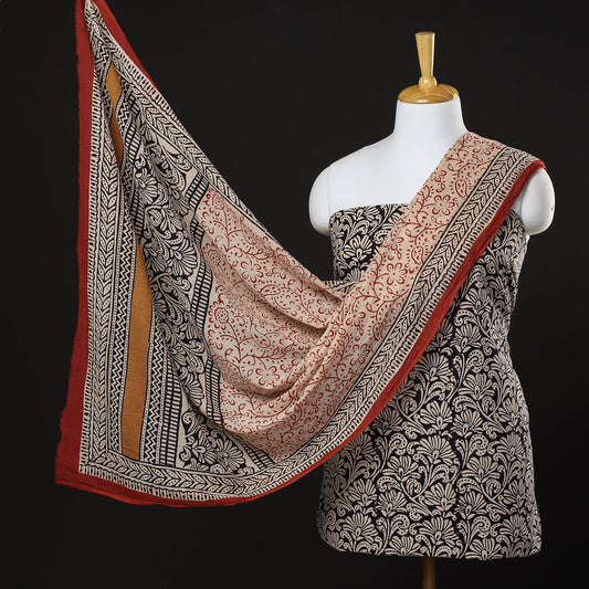 Beige - Tropical Floral 3pc Bagru Block Printed Cotton Suit Material Set