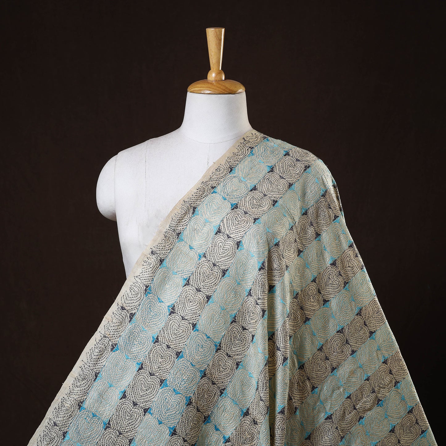 Blue - handwoven pure tussar silk kantha work fabric 08