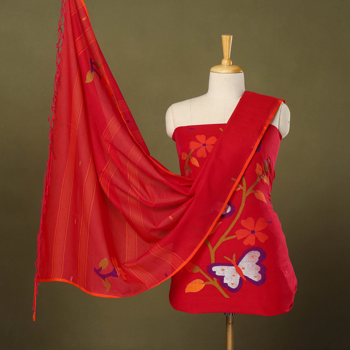 Buy 2pc Red Handloom Cotton Phulia Jamdani Dress Material