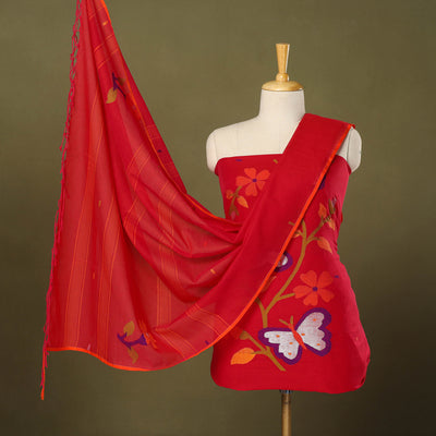 Buy 2pc Red Handloom Cotton Phulia Jamdani Dress Material