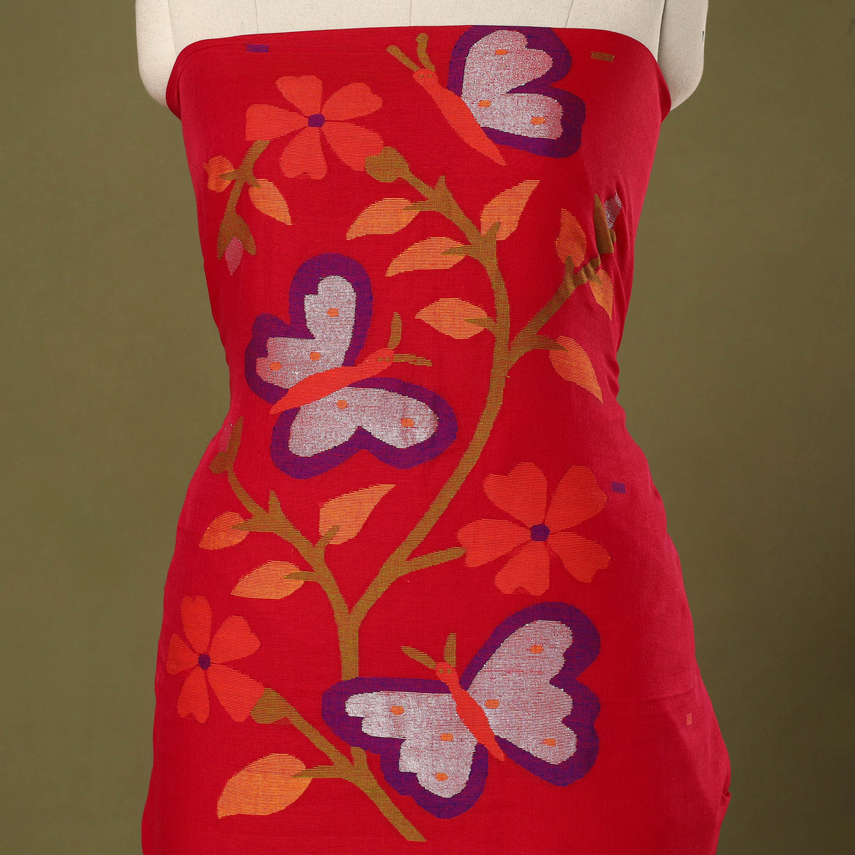 Buy 2pc Red Handloom Cotton Phulia Jamdani Dress Material