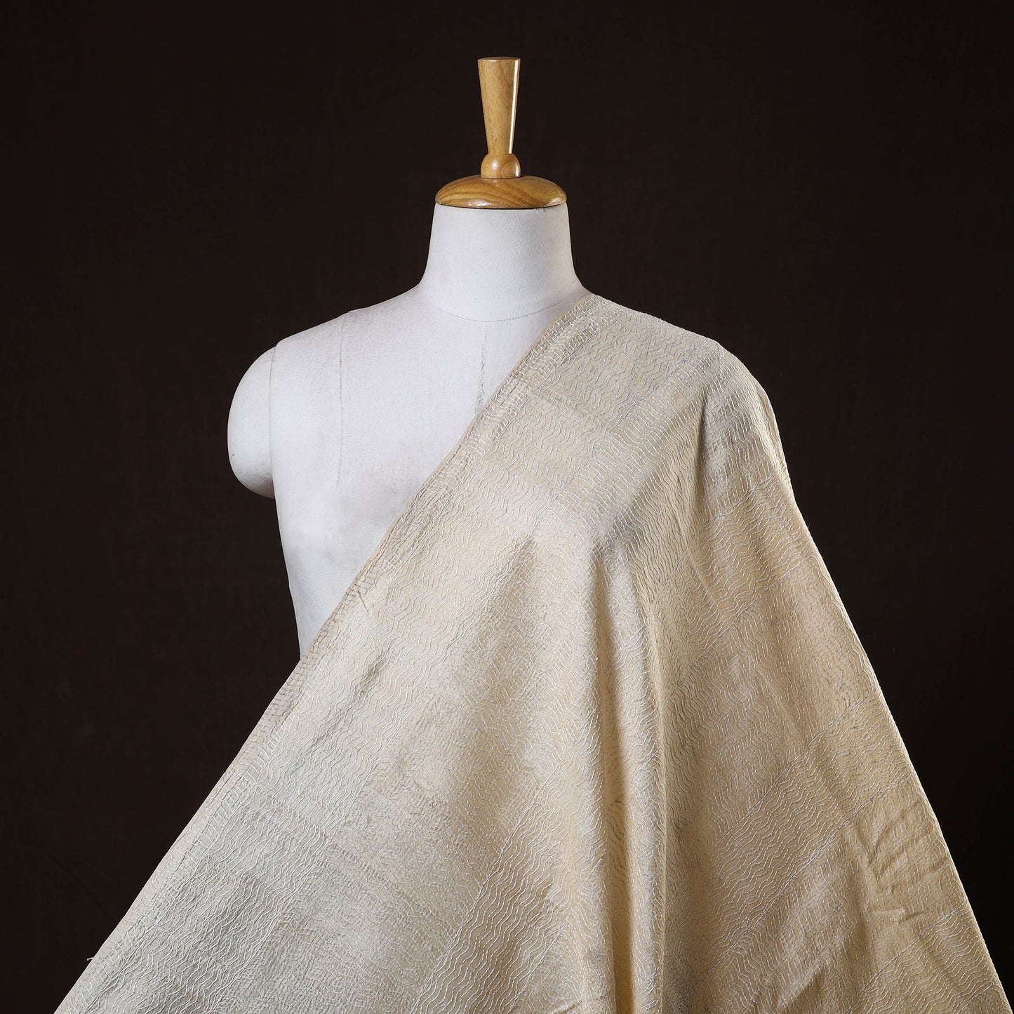 Beige - handwoven pure tussar silk kantha work fabric 03