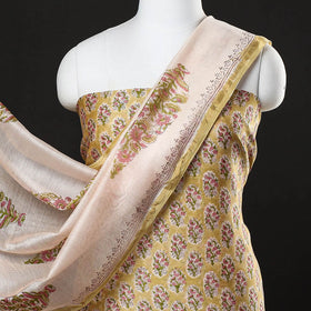  3pc Sanganeri Block Printed Chanderi Silk Suit Material Set 