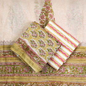  3pc Sanganeri Block Printed Chanderi Silk Suit Material Set 