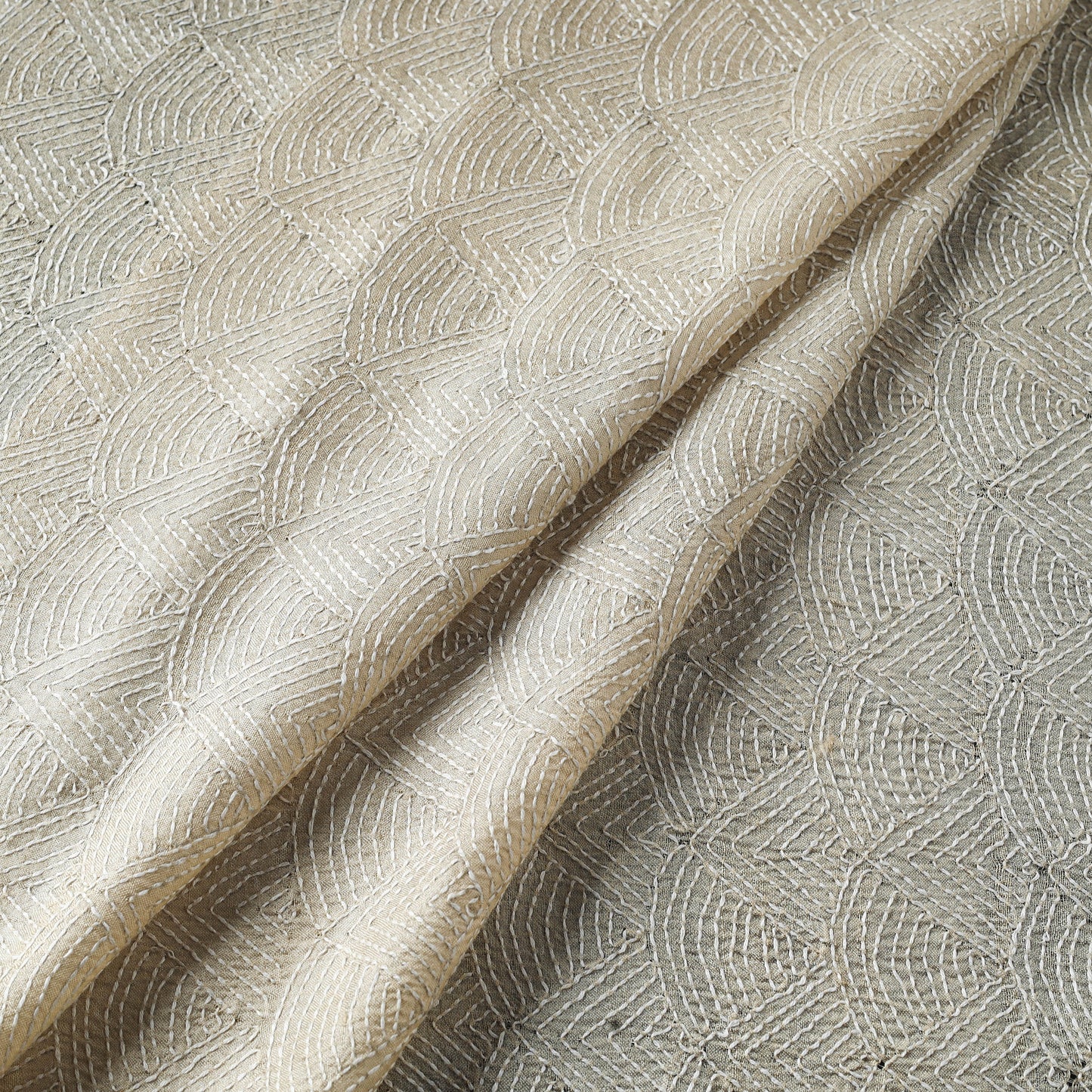 Beige - handwoven pure tussar silk kantha work fabric 13