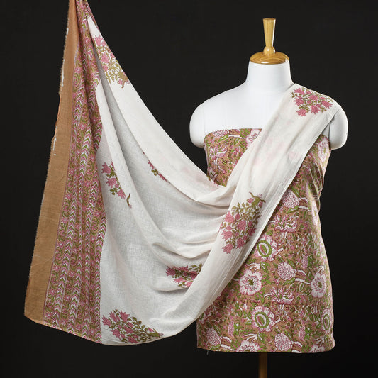 Brown - 3pc Sanganeri Block Printed Cotton Suit Material Set