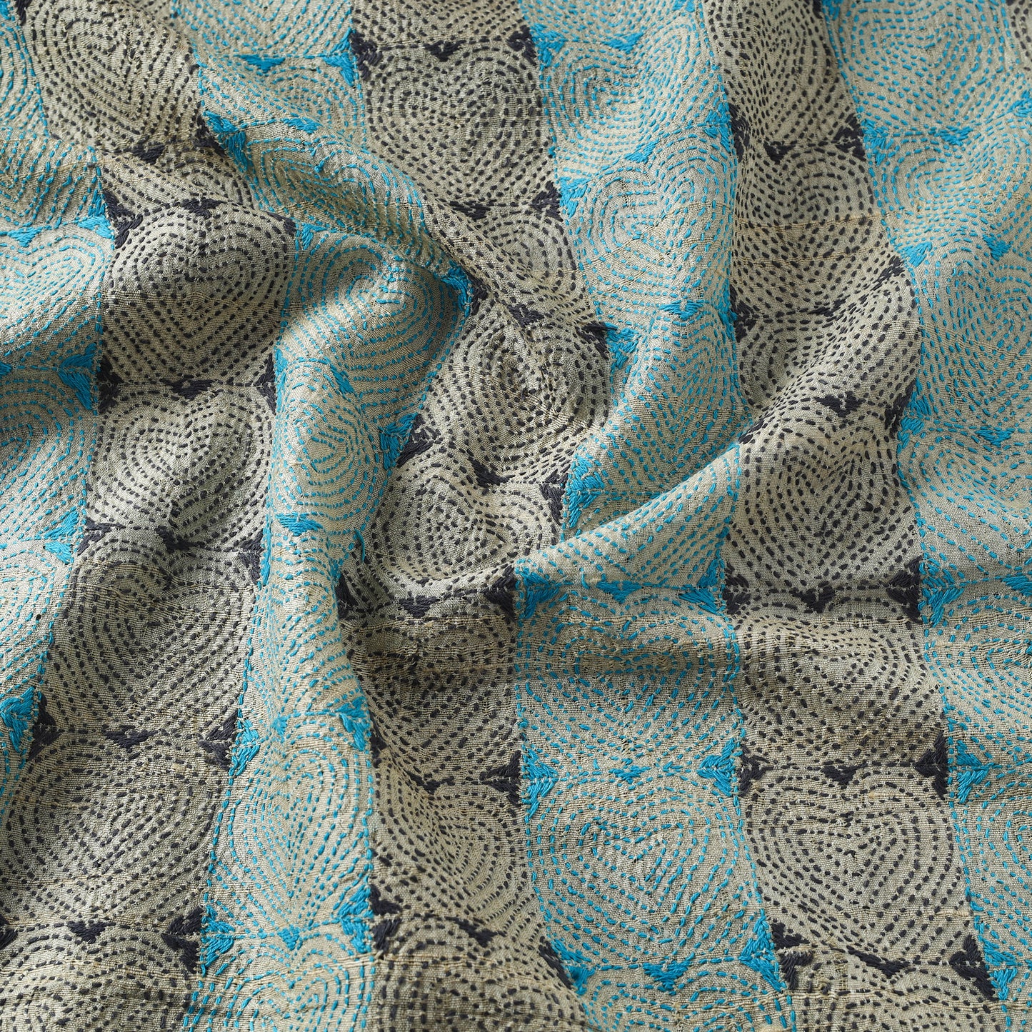 Blue - handwoven pure tussar silk kantha work fabric 08