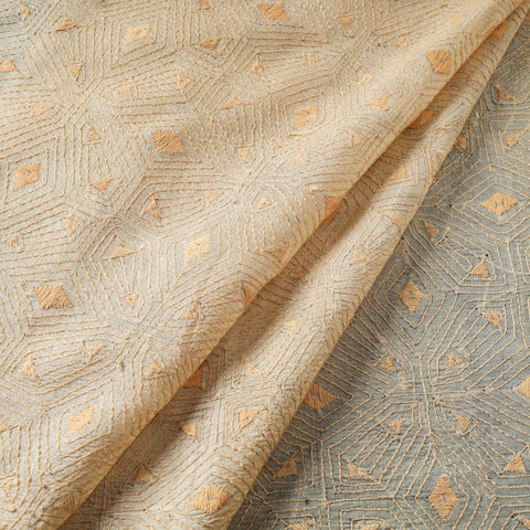 Beige - handwoven pure tussar silk kantha work fabric 07