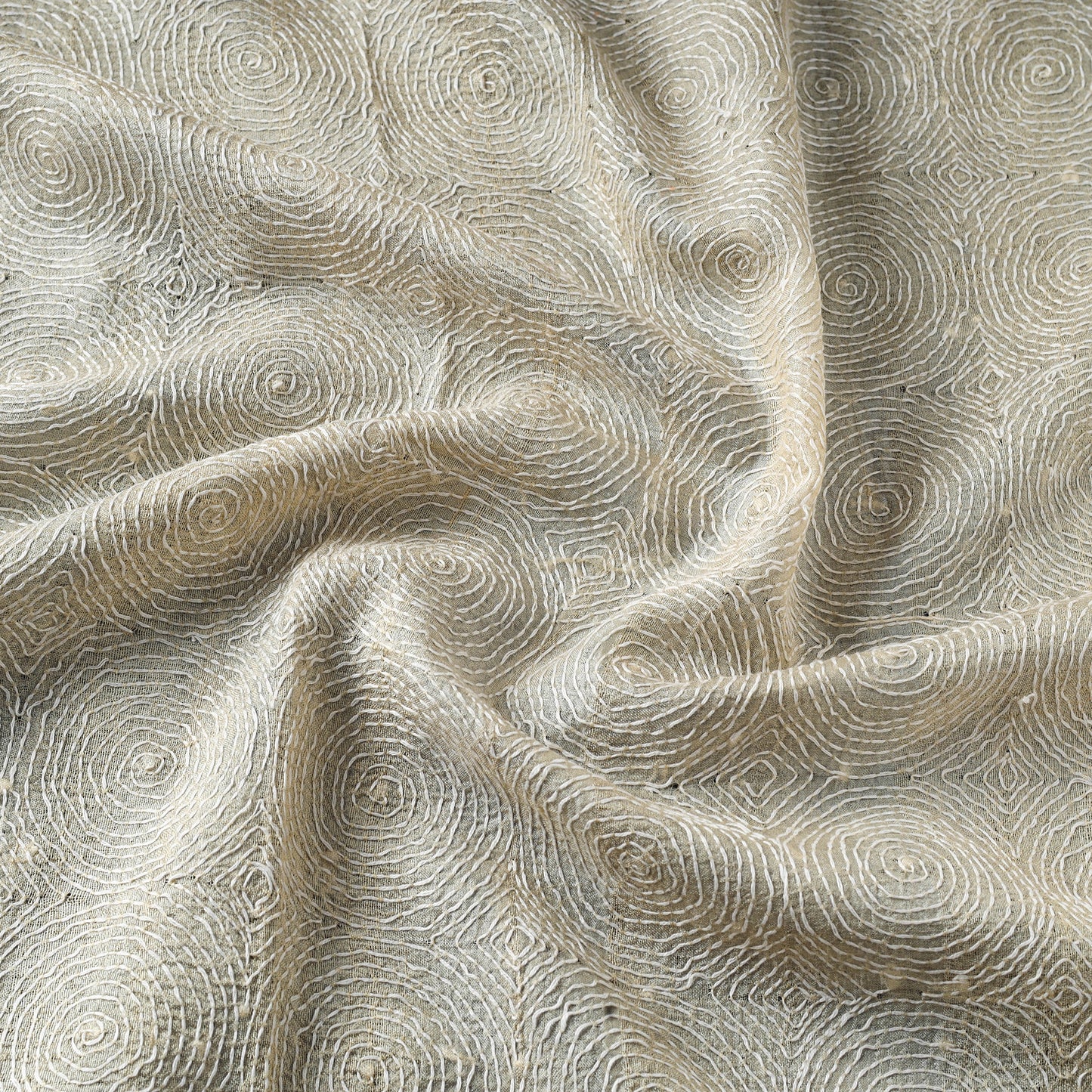 Beige - handwoven pure tussar silk kantha work fabric 04