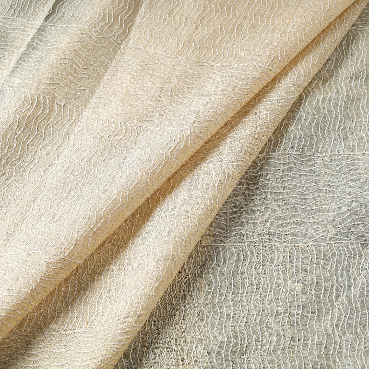 Beige - handwoven pure tussar silk kantha work fabric 03