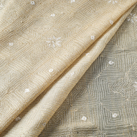 Beige - handwoven pure tussar silk kantha work fabric 02