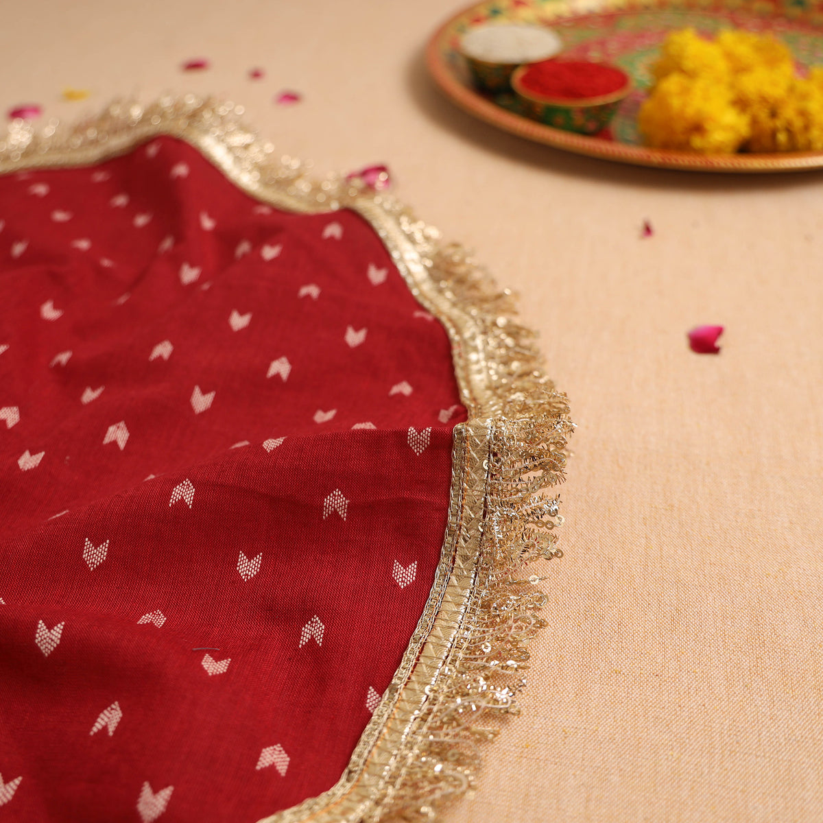 Red - Handcrafted Lace Sequin Work Pooja Thali Cover 03