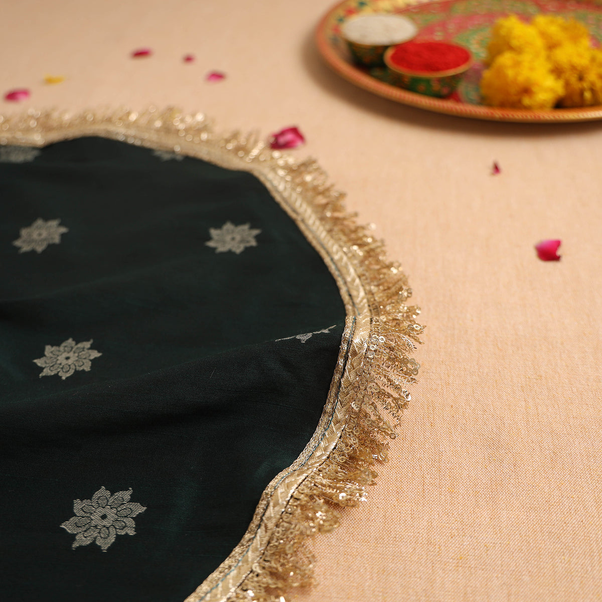 Handcrafted Lace Sequin Work Pooja Thali Cover 04