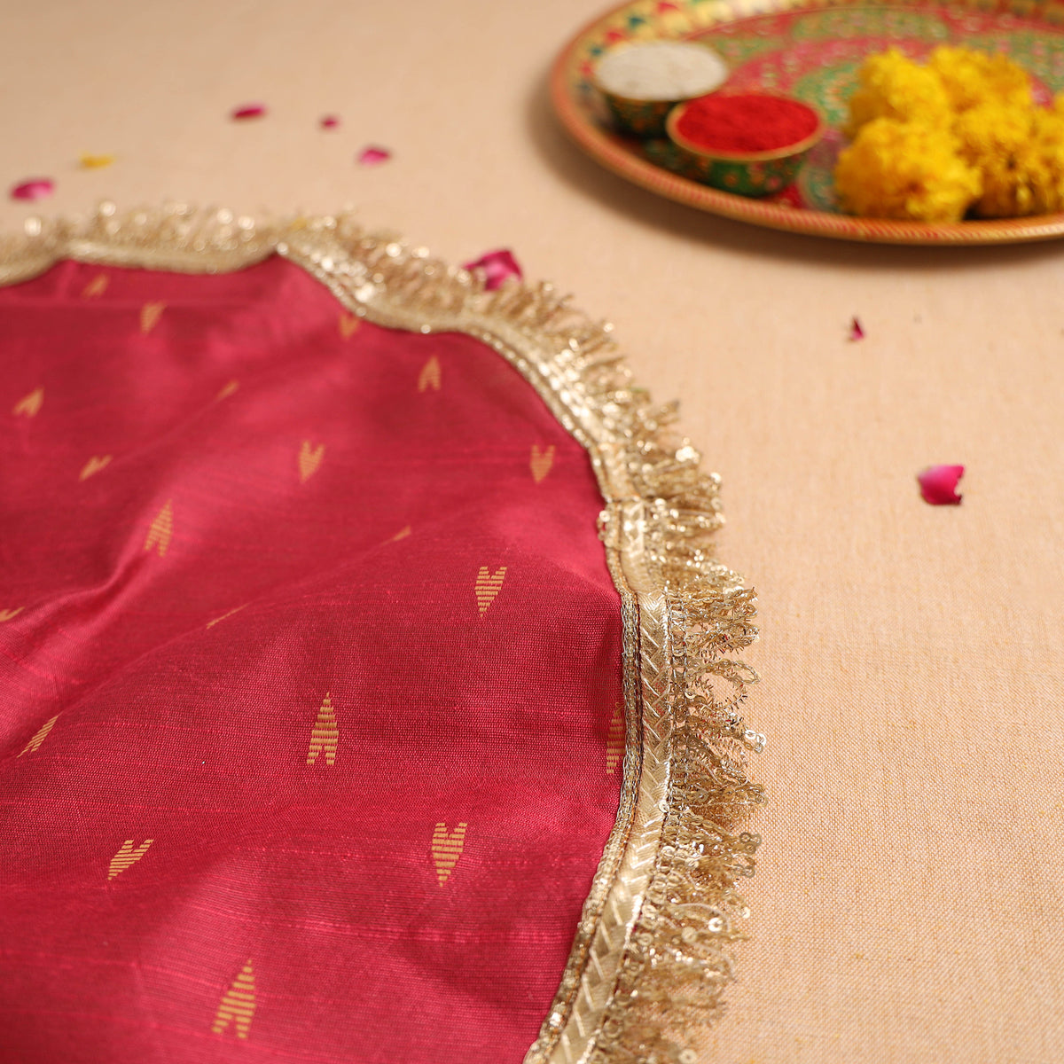 Handcrafted Lace Sequin Work Pooja Thali Cover 06