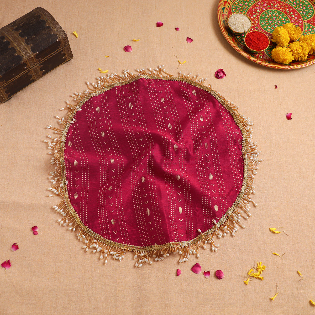 Pink - Handcrafted Lace Bead Work Pooja Thali Cover 14