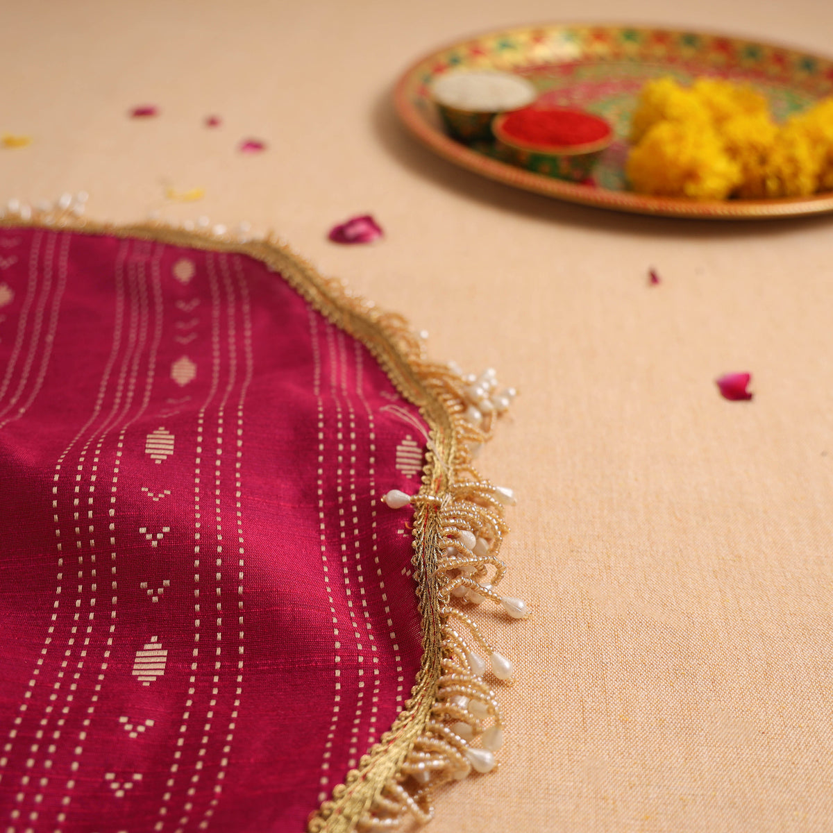 Pink - Handcrafted Lace Bead Work Pooja Thali Cover 14