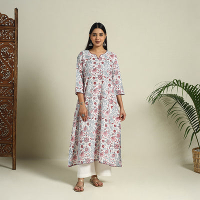 Buy White Block Print Cotton A-Line Sanganeri Kurta for Women