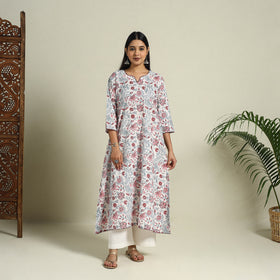 Buy White Block Print Cotton A-Line Sanganeri Kurta for Women
