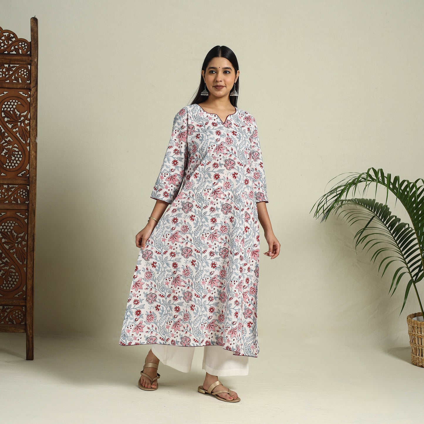 Buy White Block Print Cotton A-Line Sanganeri Kurta for Women